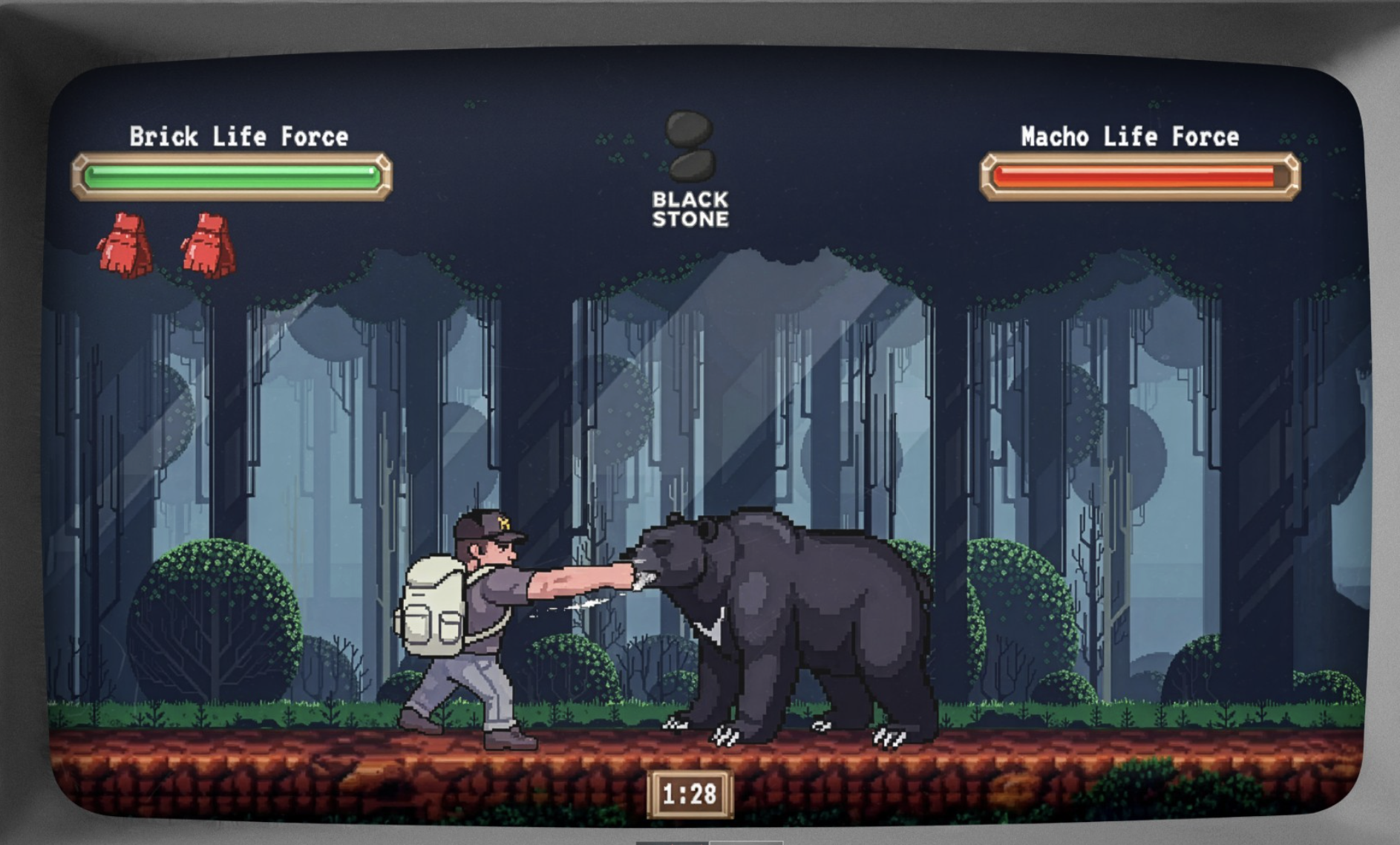Bear Brawl video game screenshot — Brick fights Macho the black bear in the forest